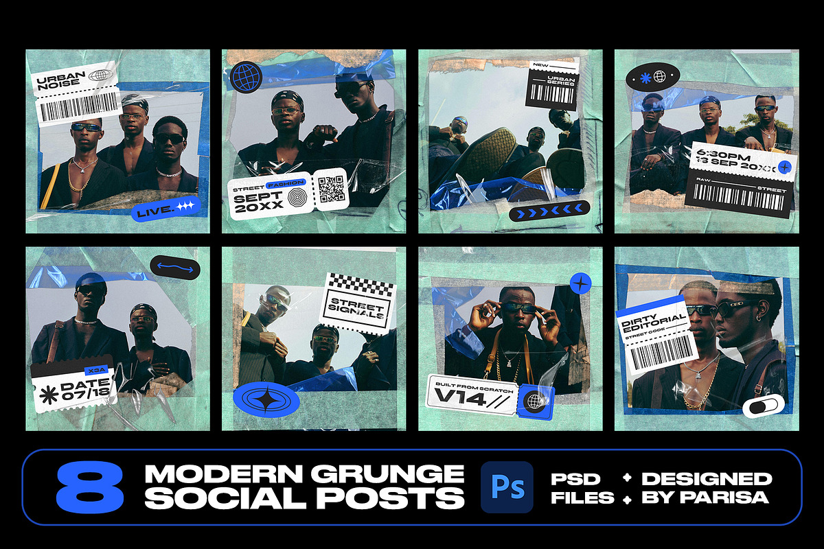 8 Modern Grunge Social Posts, a Social Media Template by Parisa-Artstudio (Photo 1 of 4)