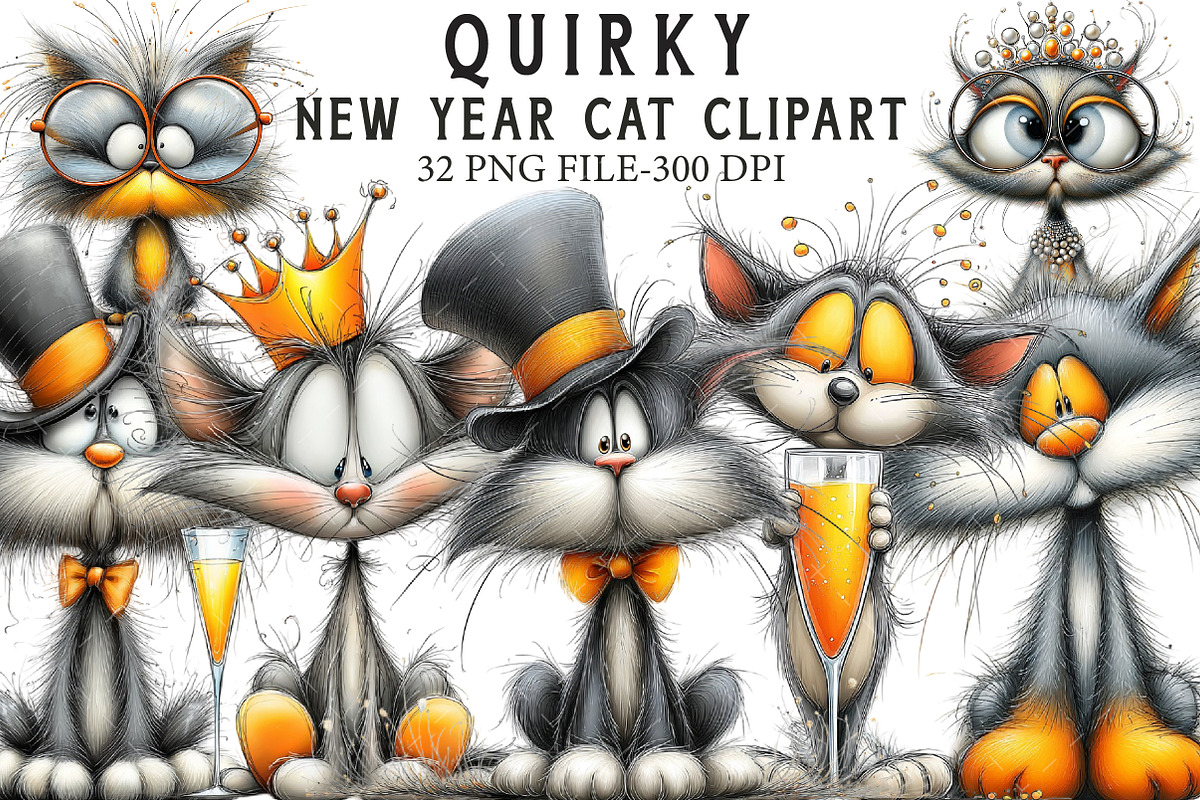 New Year Cat Clipart, Party Graphics, an Illustration by Libby Wishes (Photo 1 of 7)
