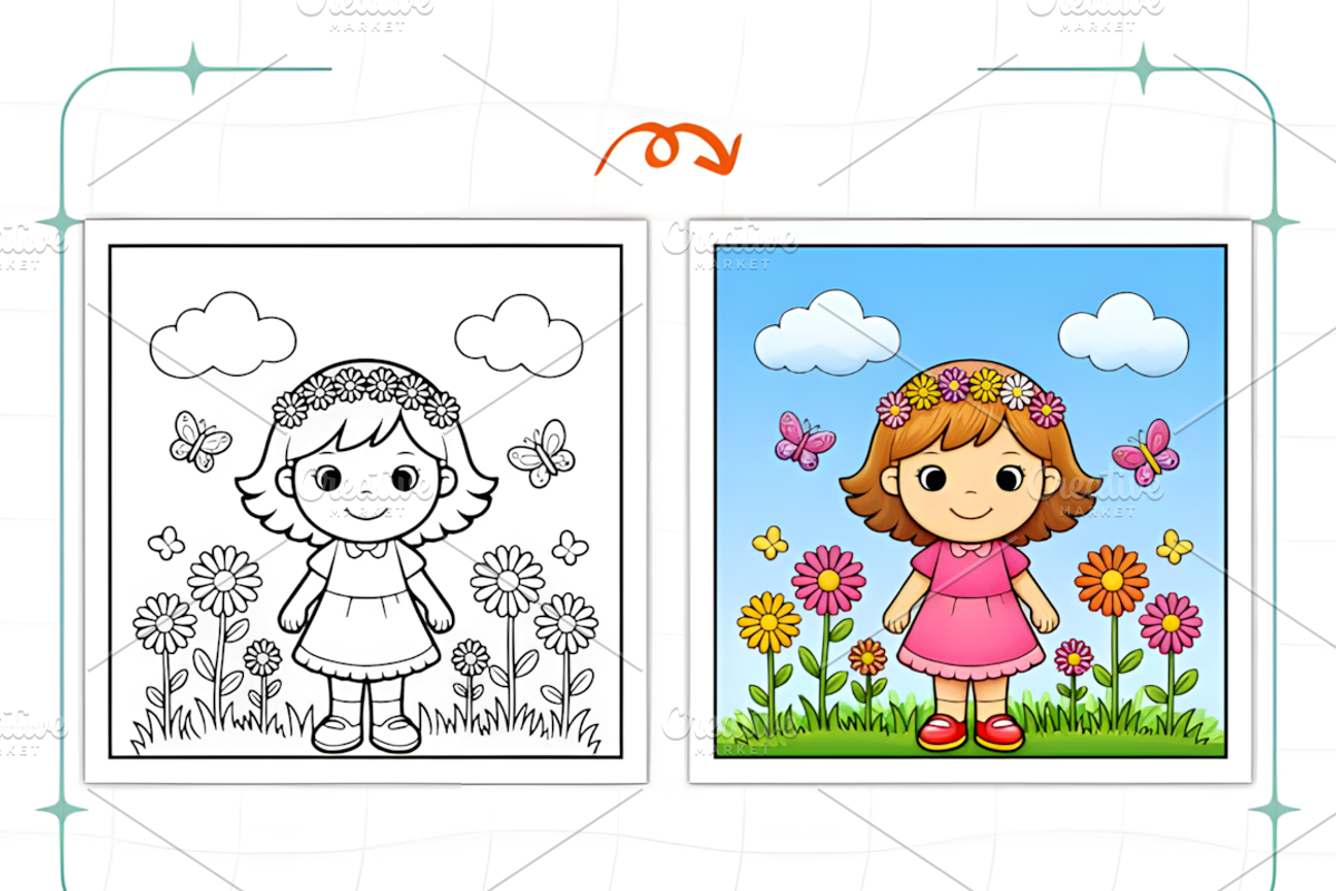 Spring Girl Activities Coloring Page, a Decorative Illustration by Ink Gallery (Photo 3 of 8)