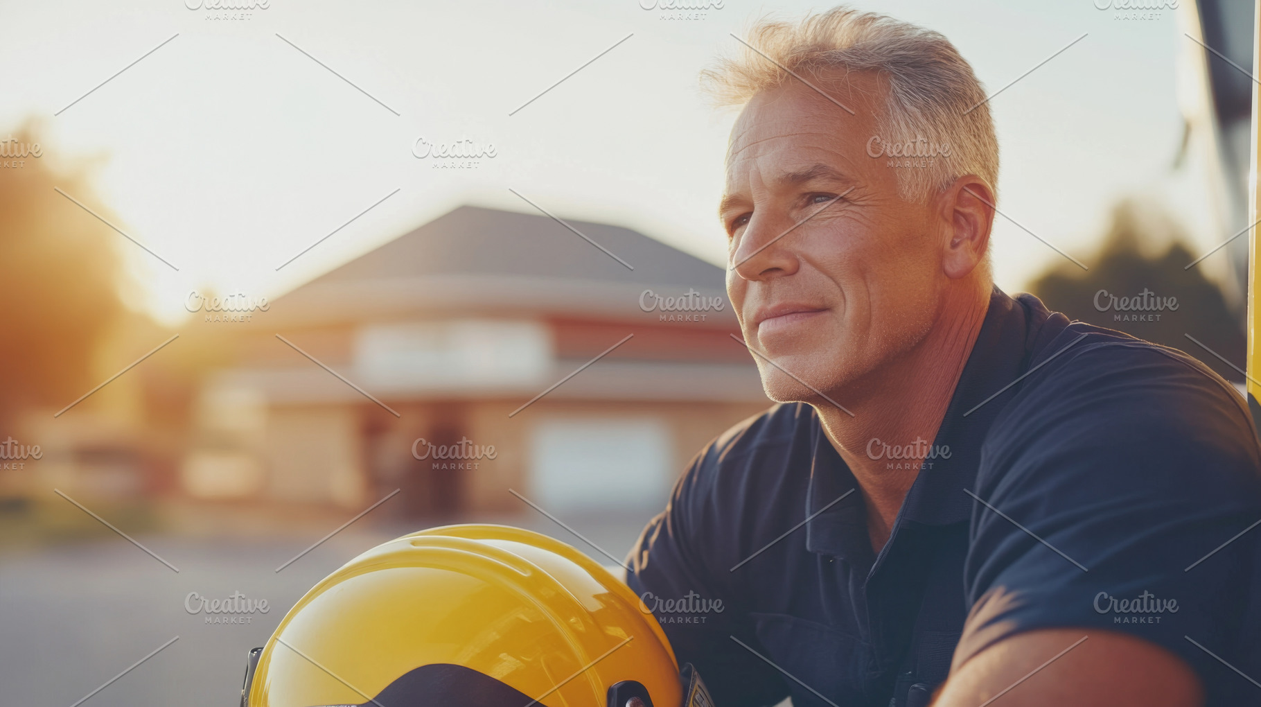 Smiling firefighter in uniform holding helmet outside, bright su, a Photo by Dvoevnore photos