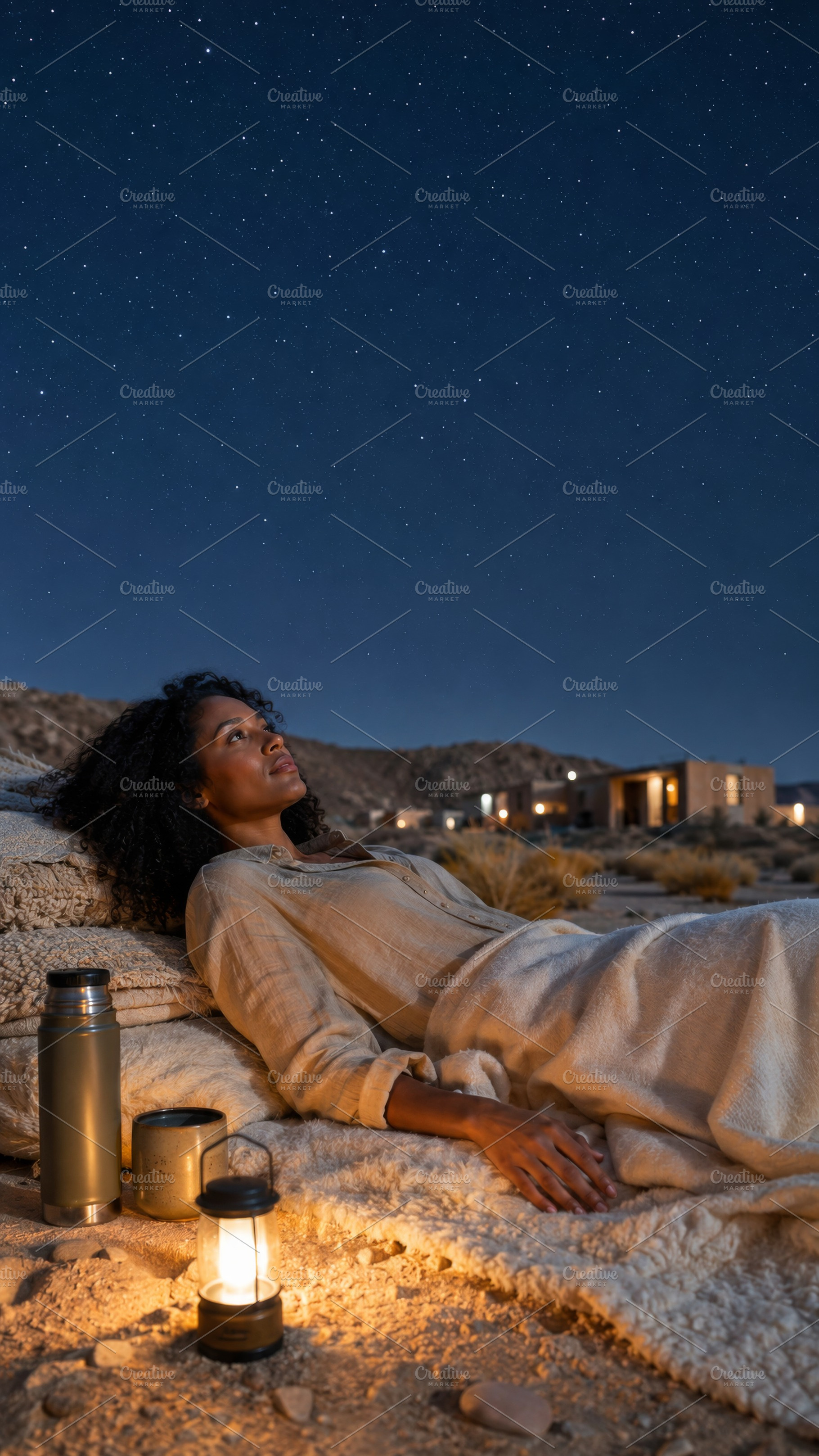 Woman stargazing at night in desert,, a Photo by Dvoevnore photos