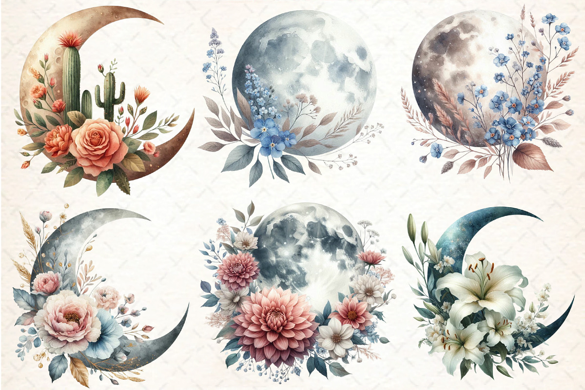 Watercolor Boho Moon Floral Clipart, an Illustration by DreamCafeArt (Photo 2 of 5)