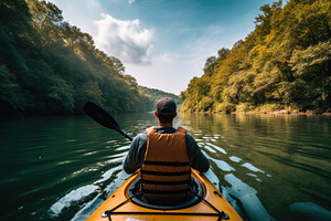 Man kayaking on the river in the for, a Photo by Iftikhar Alam