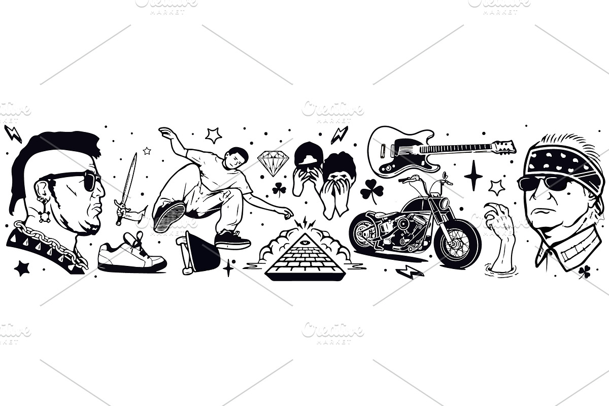 Punk Rock Tattoo and Stickers Vector, a Decorative Illustration by Den Marty Studio