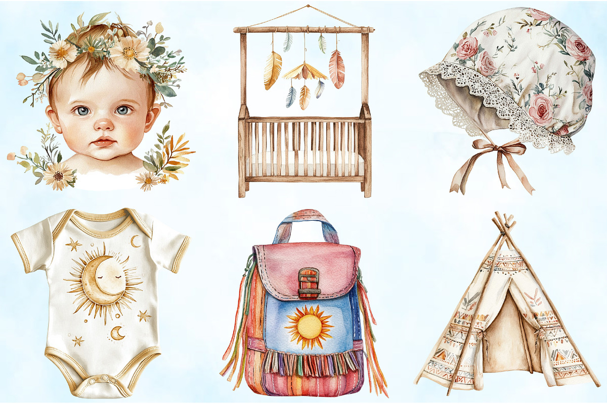 Boho Baby Watercolor Clipart Bundle, an Illustration by Craft Nest (Photo 3 of 6)