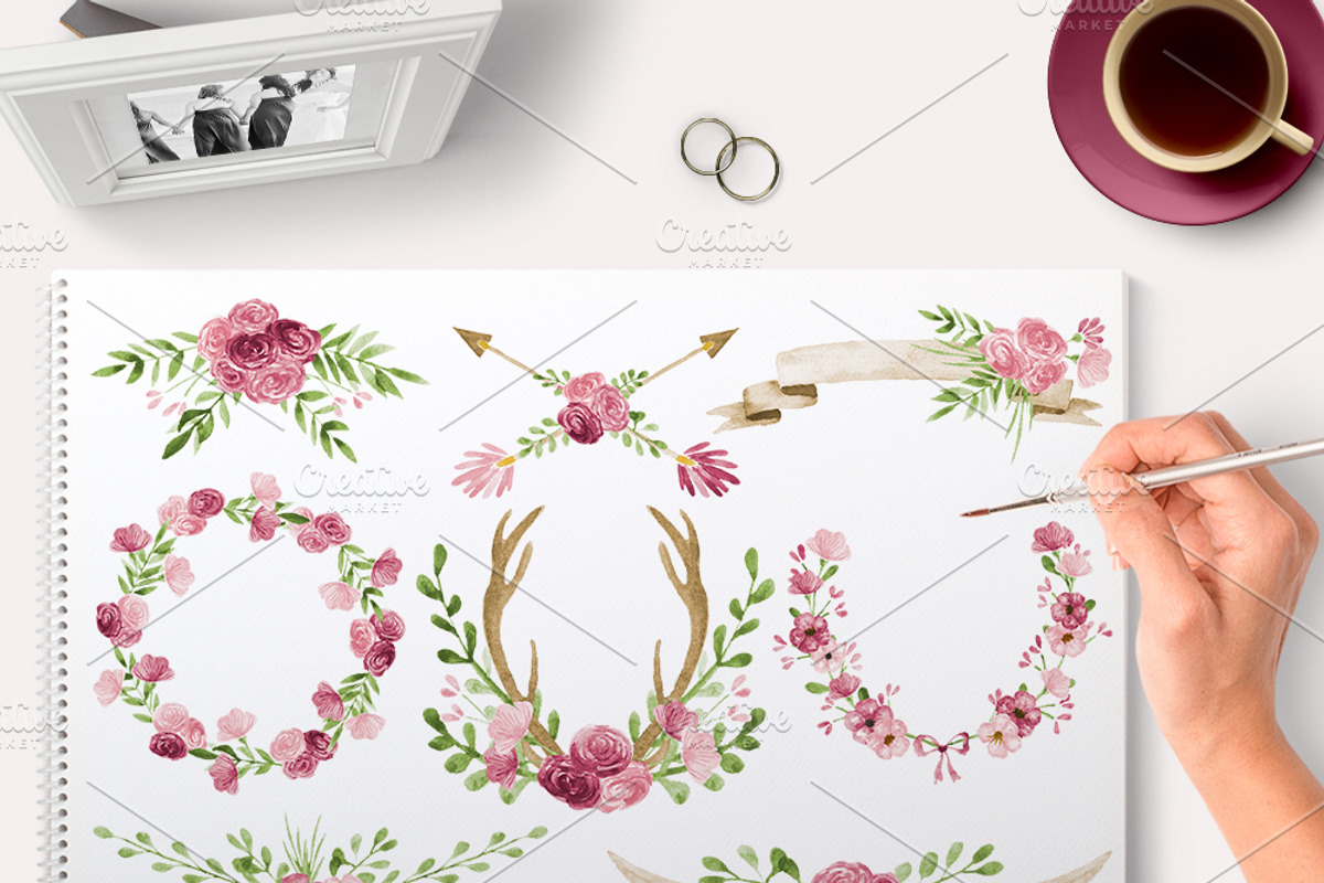 Pink Floral Watercolor graphics, an Illustration by By Lef (Photo 2 of 2)