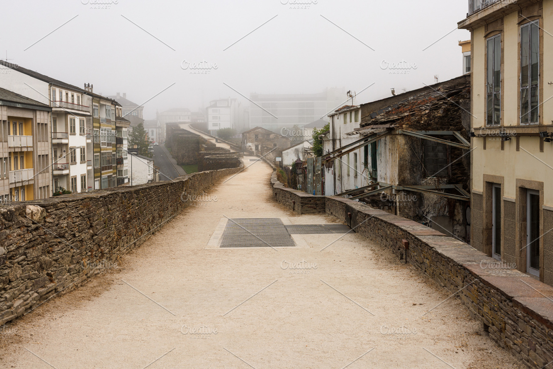 Ancient Roman Walls Walkway on a Foggy Day, Lugo, Spain, an Architecture Photo by Bepslabor