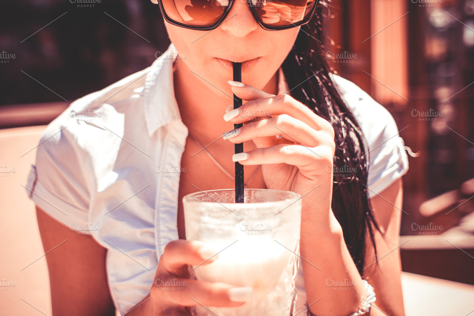 Girl drinking milkshake drink containing caffe, girl, and milkshake