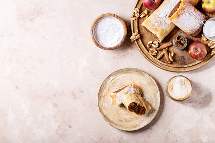 Apple strudel served with fresh appl stock photo containing strudel and spicy