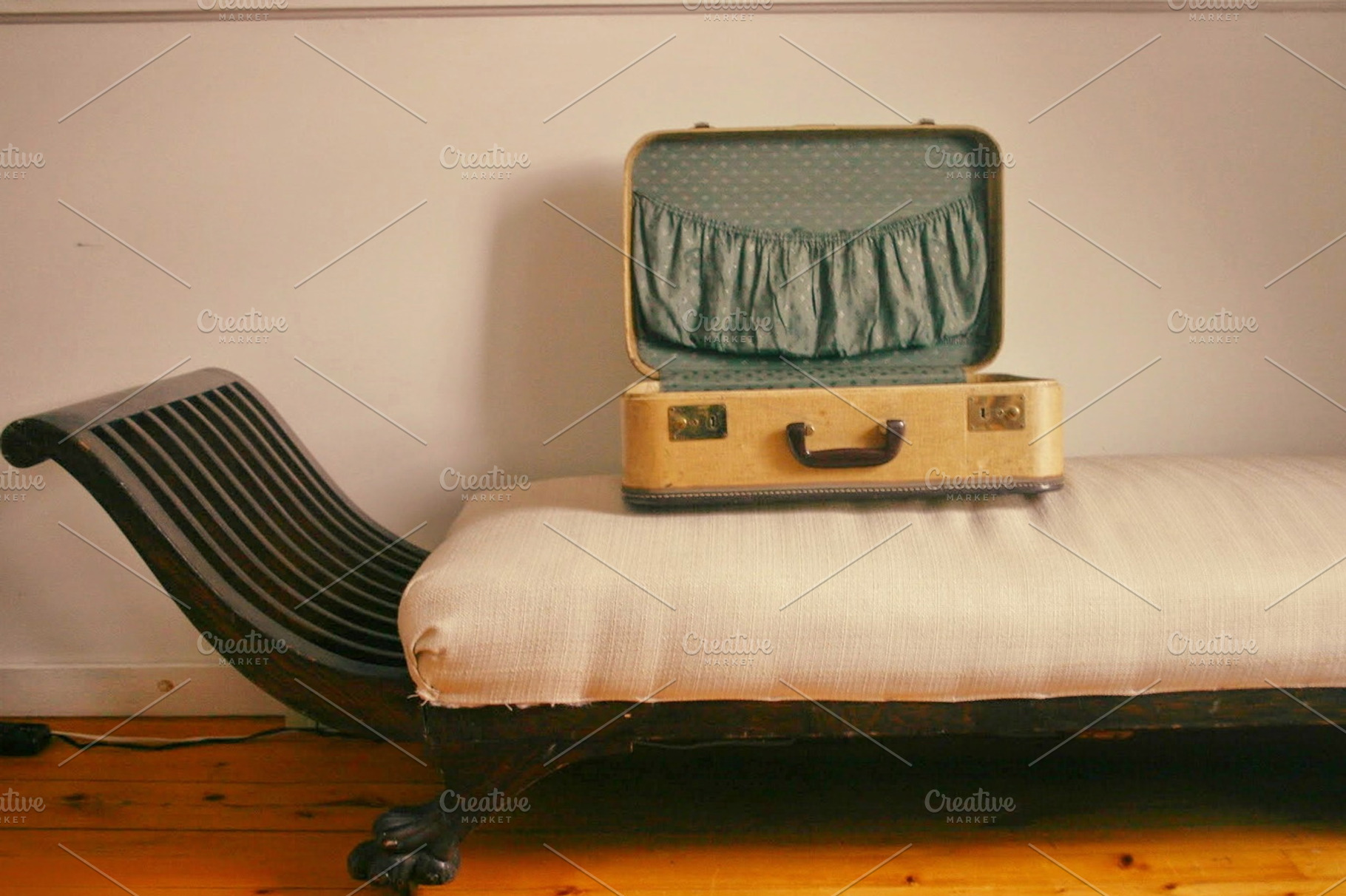 Vintage Suitcase on Chaise, an Arts & Entertainment Photo by Shop Worth