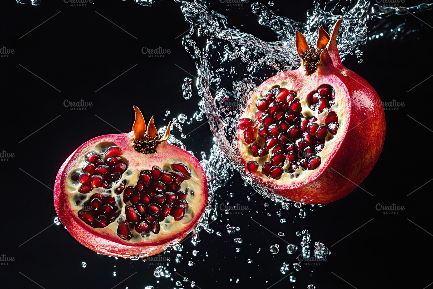 Fresh pomegranate falling in transparent water, a Food & Drink Photo by AlyaAnd