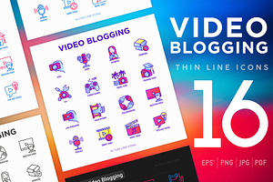 Video Blogging | 16 Thin Line Icons, an Outline Icon by Alex Blogoodf