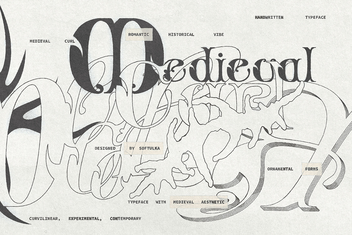 Medieval Curl Typeface, a Handwritten Font by softulka (Photo 1 of 8)