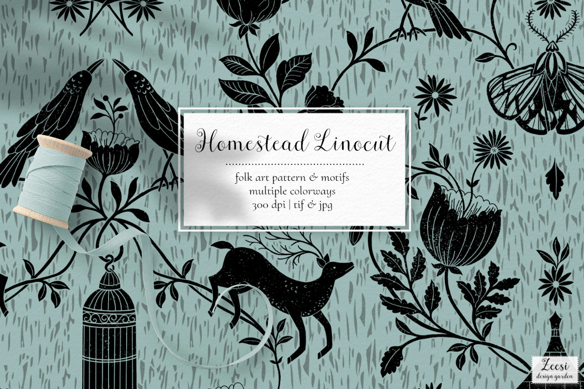 Homestead Linocut Patterns & Motifs, a Pattern Graphic by Zeesi Design Garden (Photo 1 of 11)