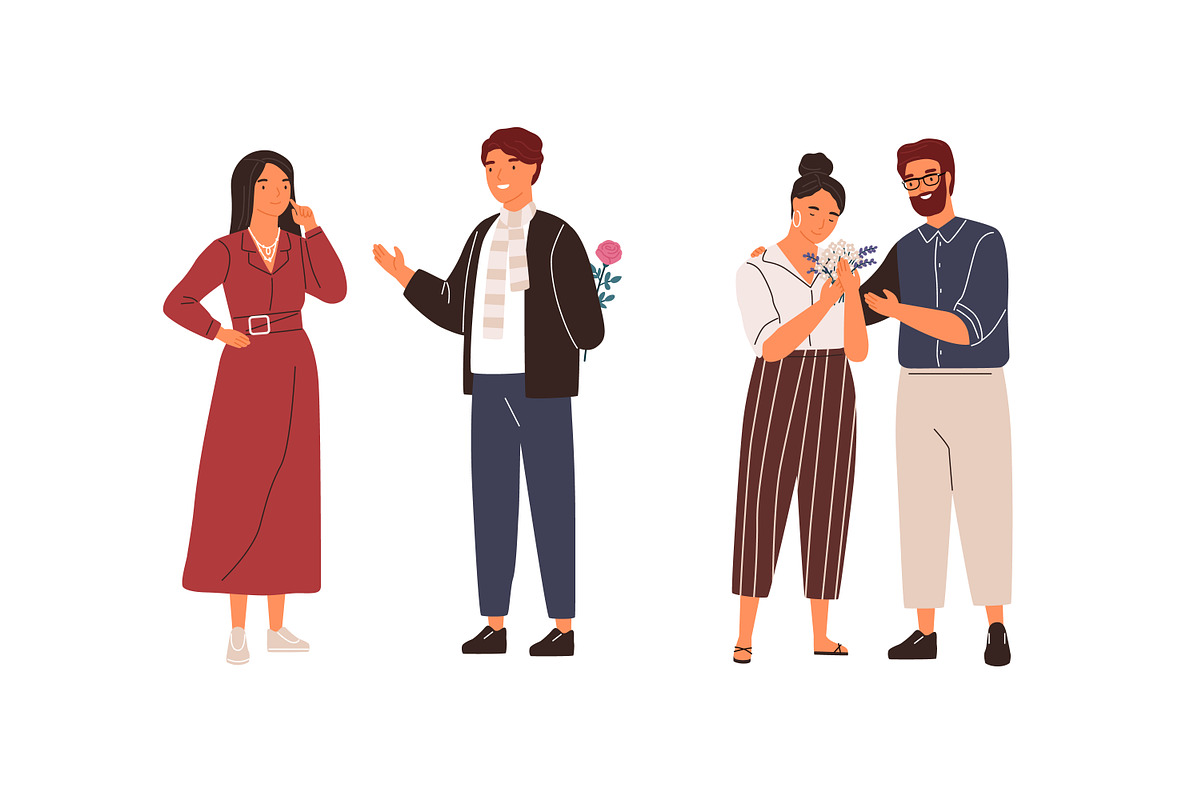 Man giving flowers to woman set, a Person Illustration by Good Studio (Photo 5 of 6)
