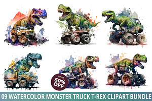 Watercolor Monster Truck T-rex Clipa