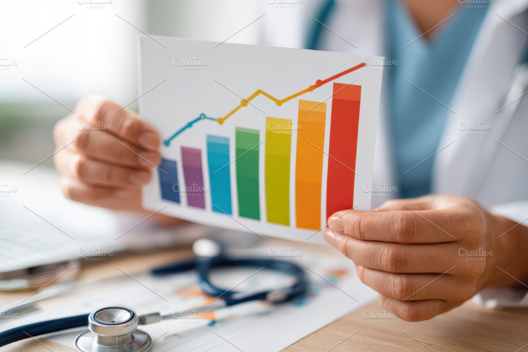 Healthcare professional analyzing colorful data graph, a Business Photo by AlyaAnd