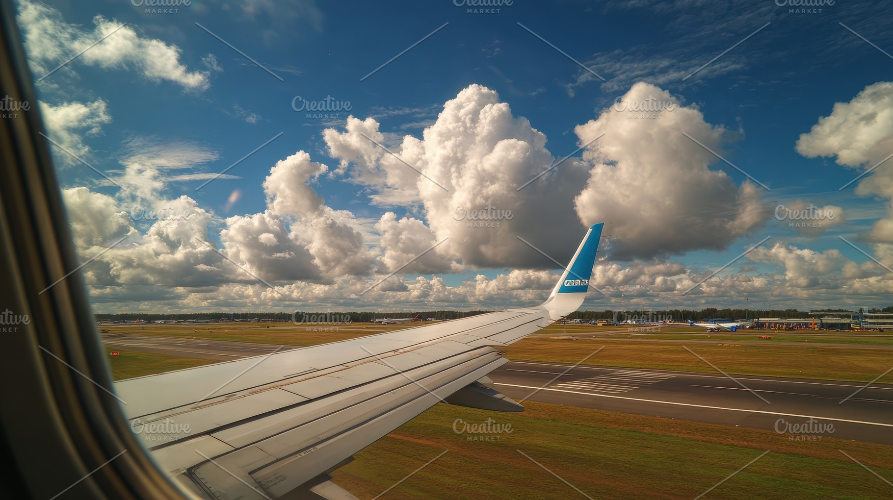 Airplane wing view airport runway cl, a Photo by Pixeness Studio