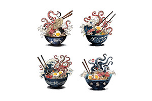 Ramen bowl with octopus cartoon, a Food Illustration by Onyx