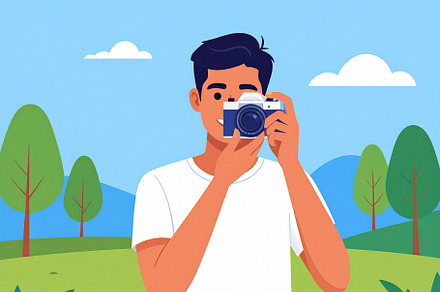 Young person at nature captures memories using a classic film ca, a Person Illustration by DanFLCreativo