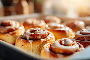 Delicious cinnamon rolls drizzled with creamy glaze in a cozy bakery setting, a Food & Drink Photo by AlyaAnd