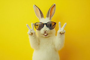 Rabbit wearing sunglasses and making peace sign against bright yellow backgroun, an Animal Photo by AlyaAnd