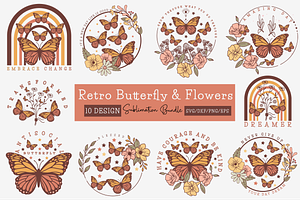 Retro Butterfly & Flowers Sublimatio