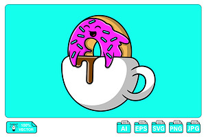 Cute Doughnut In Coffee Cup Cartoon