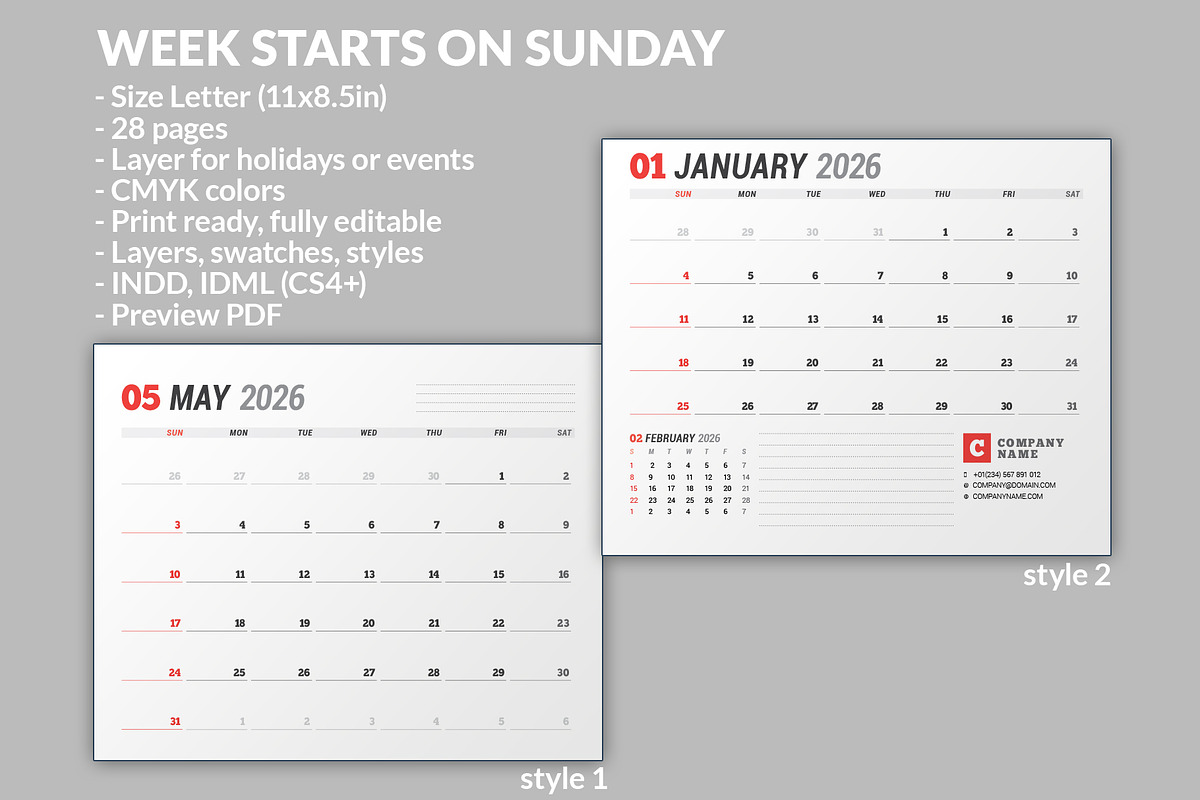 Wall Calendar 2026 (WC037-26-S), a Stationery Template by mikhailmorosin (Photo 2 of 8)