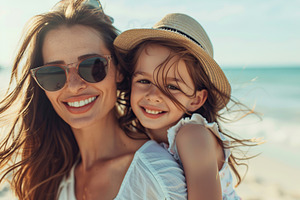 Portrait of happy mother and her daughter resting at beach, a Person Photo by AlyaAnd