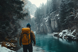 A lone hiker stands by a serene river surrounded by snow-covered mountains and, a Person Photo by Textures & Backgrounds