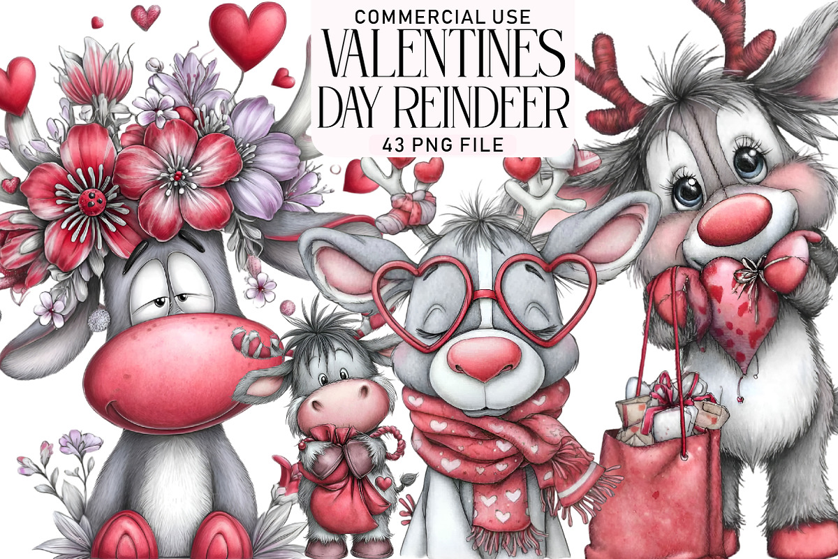 Valentines Day Reindeer Clipart, an Illustration by Daily.Designs (Photo 1 of 5)