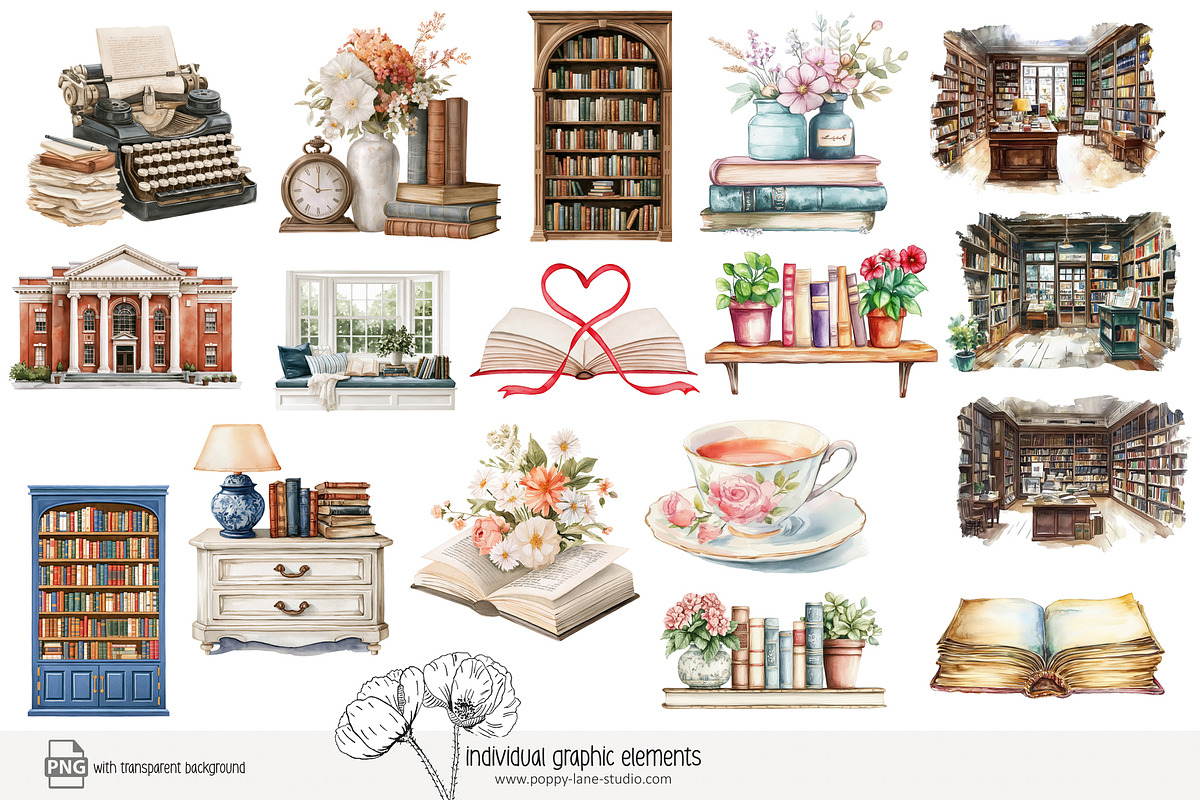 105 book lover clip art, an Object Illustration by Poppy Lane Studio (Photo 7 of 12)
