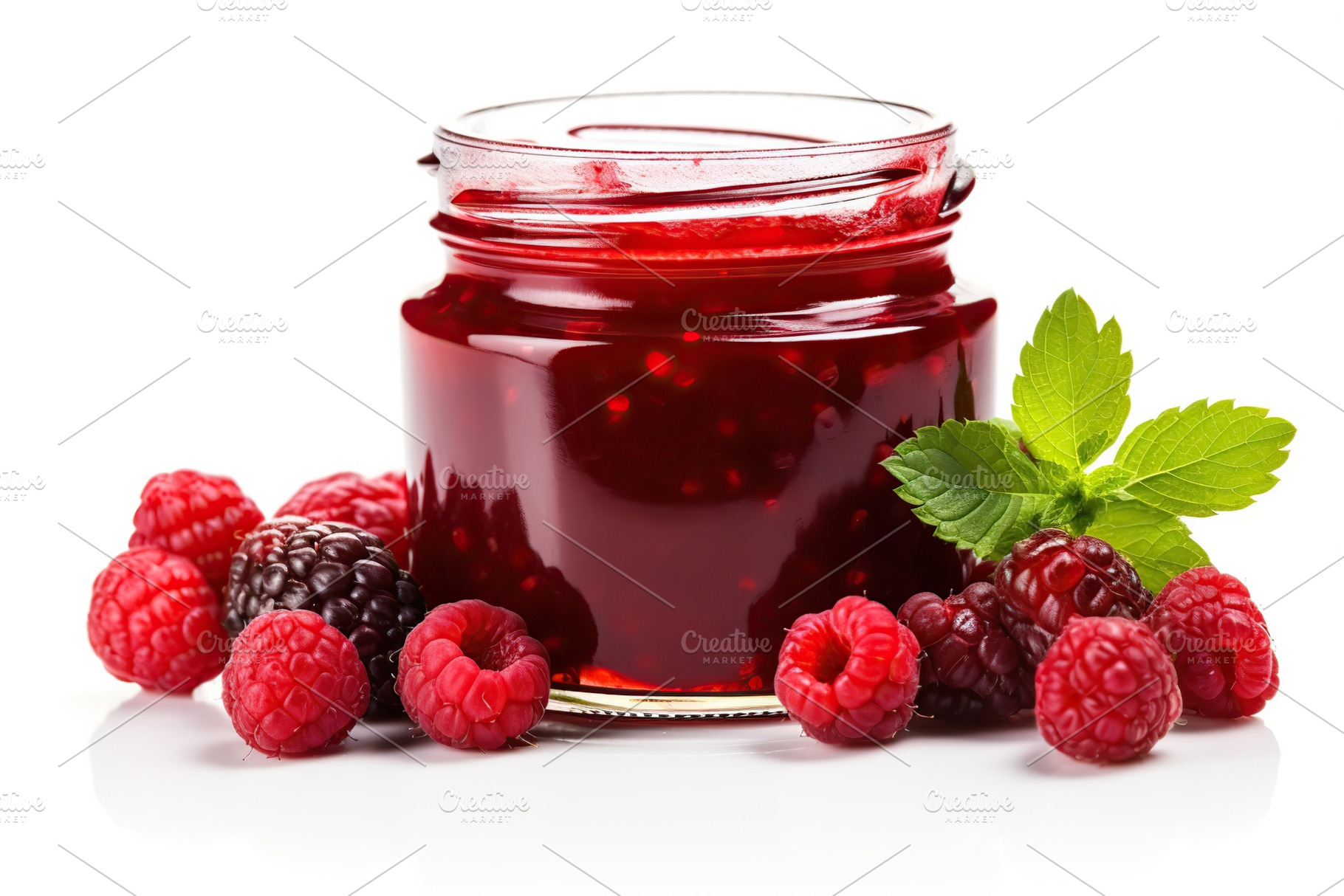Raspberry jam and berries on white background, a Food & Drink Photo by AlyaAnd