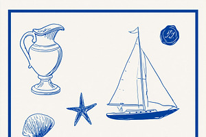 Blue nautical elements pattern, including a sailboat, starfish,, an Illustration by Studio ANNA