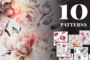 Peonies In Bloom, Seamless Patterns