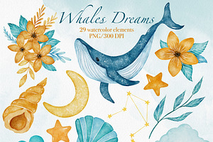 Whales Dreams Watercolor Clipart