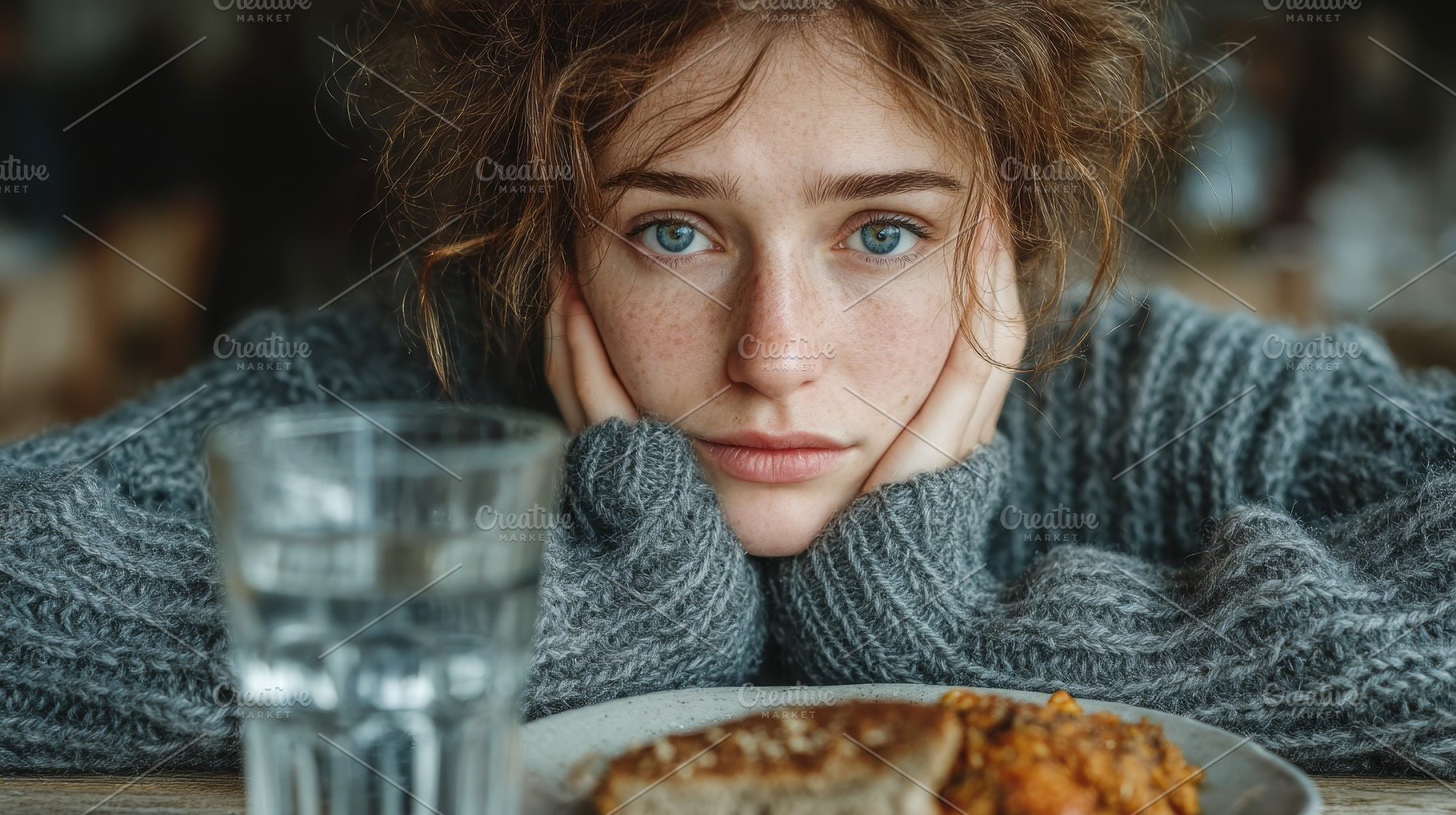 Thoughtful woman at a table with food and water in warm setting, a Photo by AS photostudio