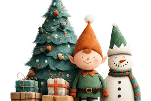 Christmas elf and snowman standing beside decorated tree with ho, a Person Photo by José Manuel Gelpi