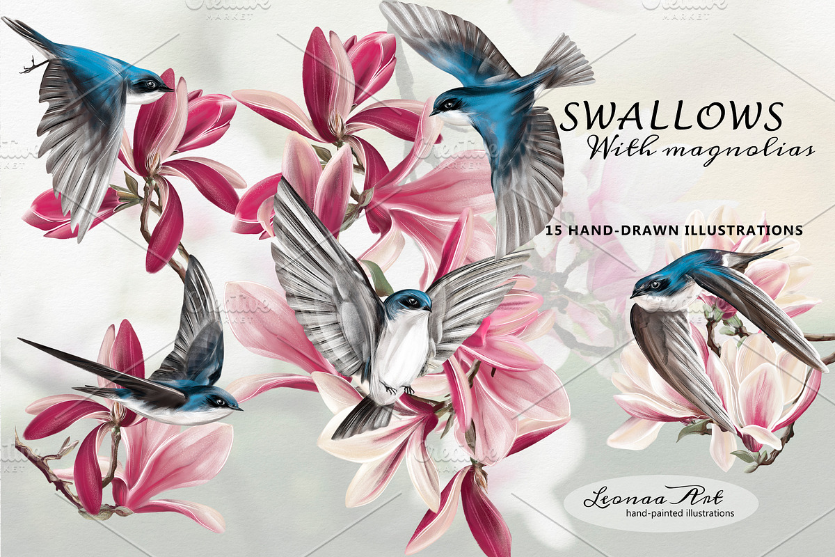 Swallows with magnolias Clipart Set, a Seasonal Illustration by Leonaa art (Photo 3 of 11)