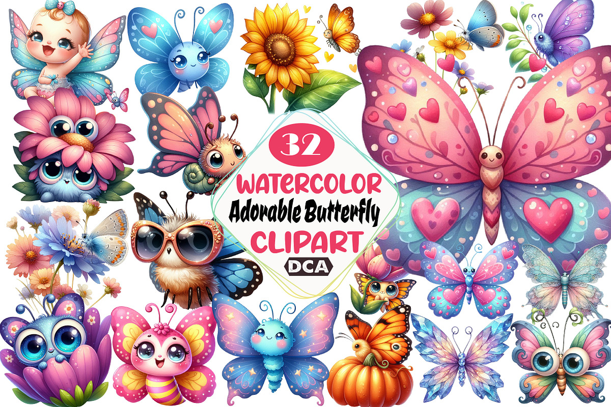 Adorable Butterfly Watercolor Clipar, an Illustration by DreamCafeArt (Photo 1 of 5)