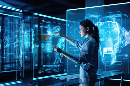 A photo of a person using a holographic display to interact with, a Technology Photo by designvectx