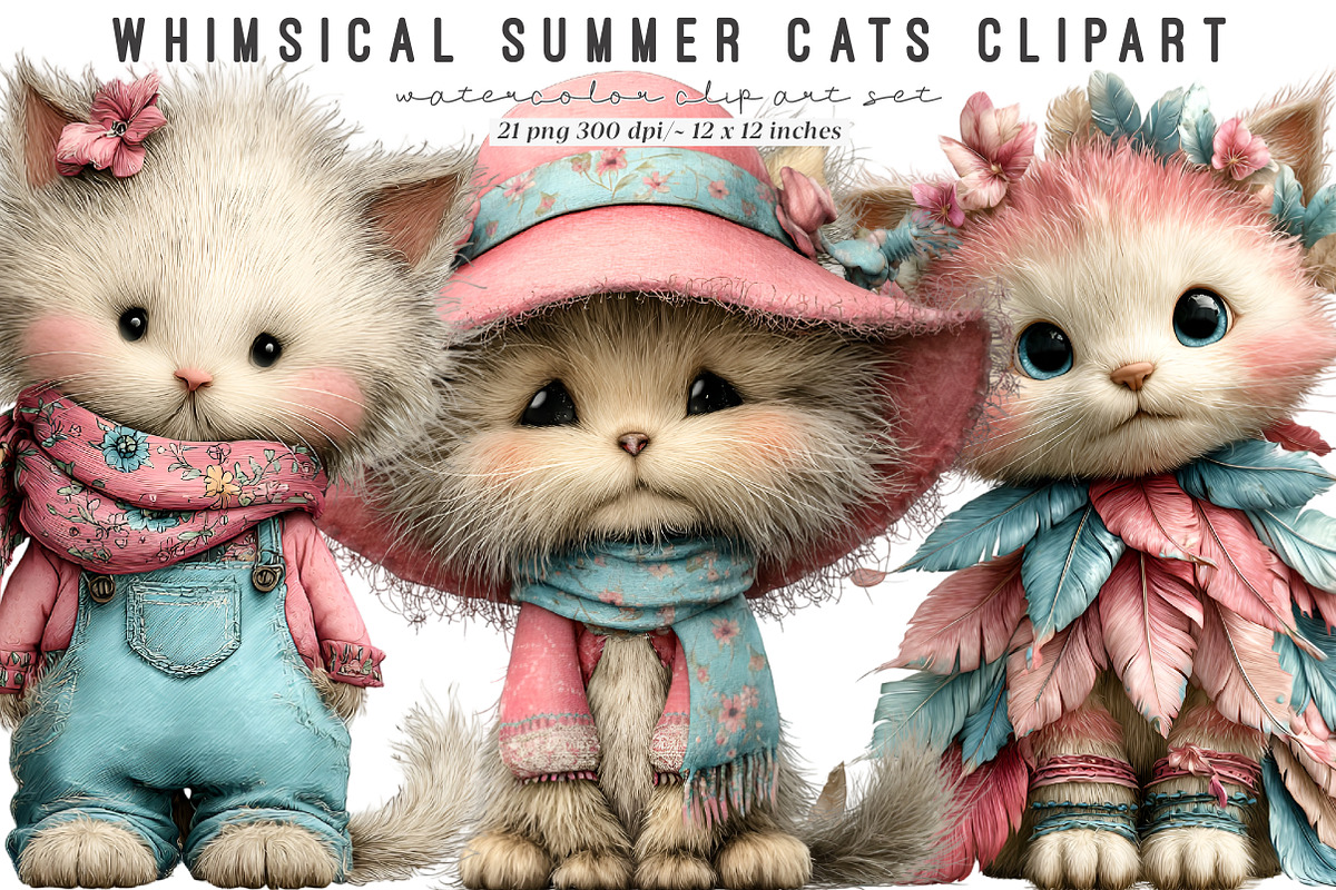 Whimsical Summer Cats Clipart, an Illustration by SinaCreation (Photo 1 of 9)