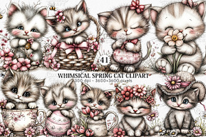 Whimsical Spring Cat Clipart Bundle, an Illustration by Canvas Craft
