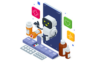 Isometric AI robot with medicine, an Education Illustration by Golden Sikorka