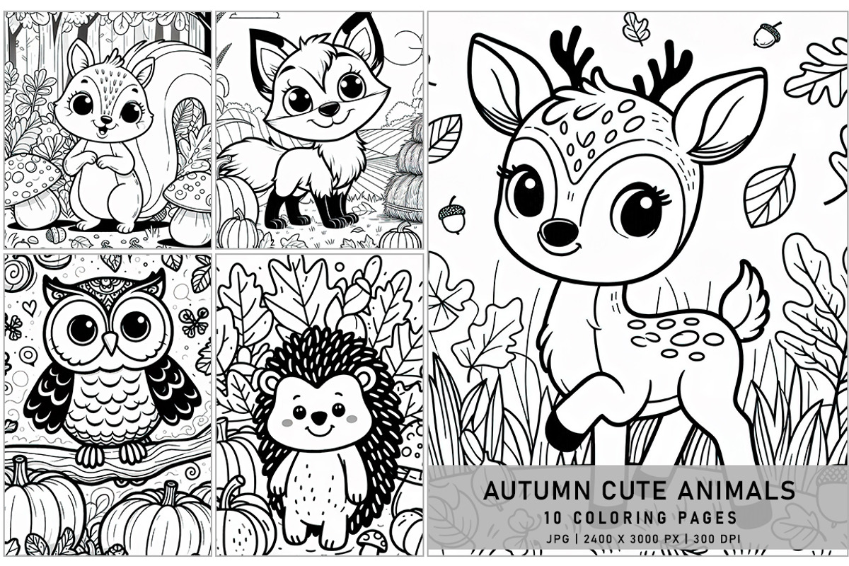 Autumn Cute Animals Coloring Pages, a Seasonal Illustration by Digital Art Creations (Photo 1 of 4)