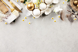 Easter Flat Lay with Golden Egg, Daisies and Bunny Decor, a Holiday Photo by Natalia Klenova's Shop