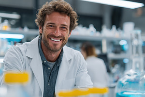 Smiling scientist in a lab coat work, a Photo by Pixeness Studio
