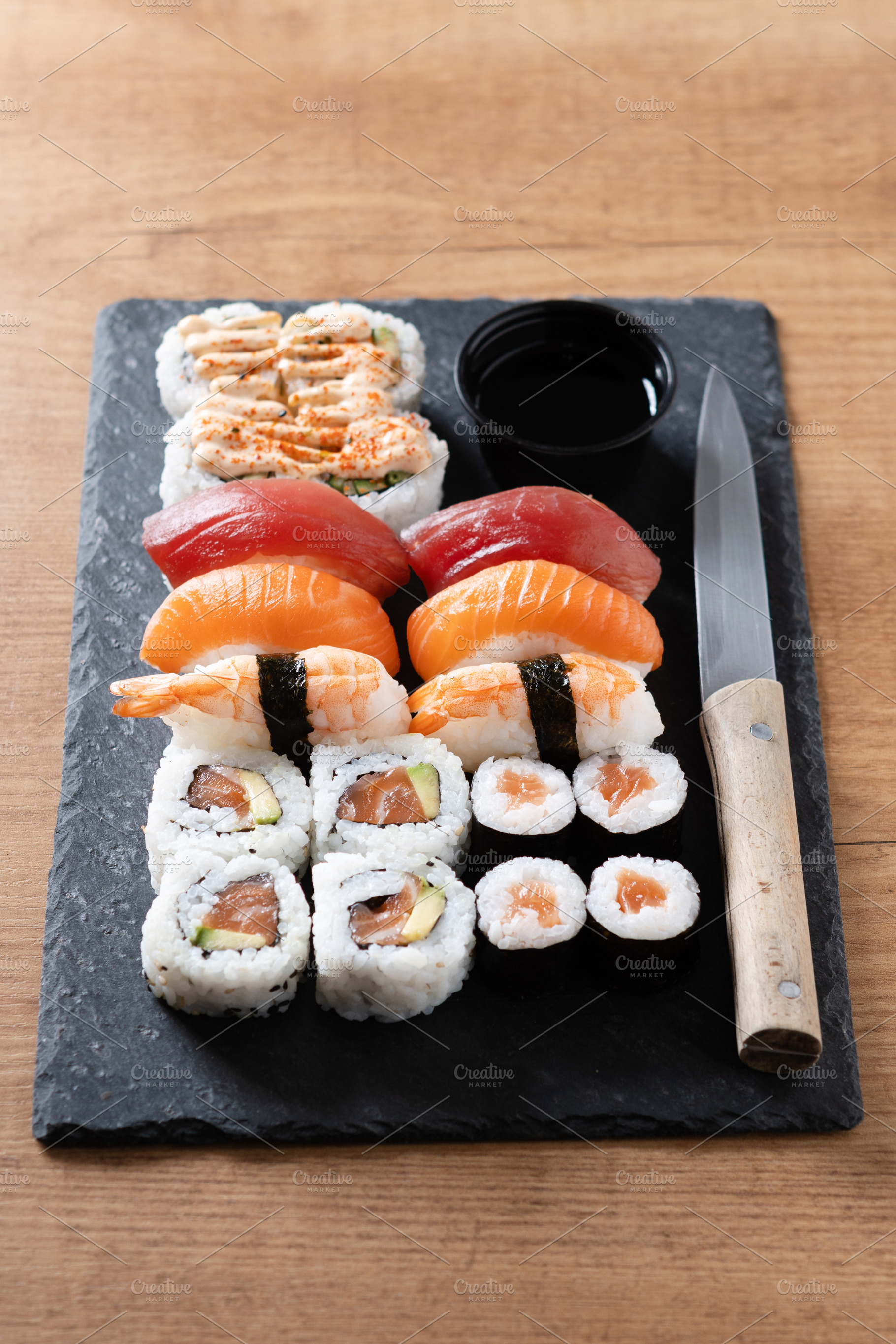 Assorted Sushi Selection and soy sauce, a Food & Drink Photo by etorres69