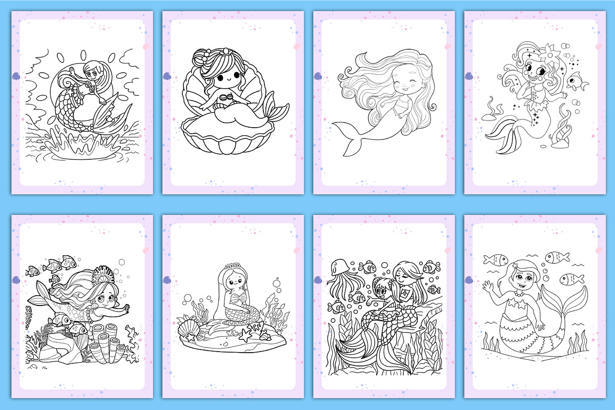 Cute Mermaid Coloring Book Canva | Creative Market